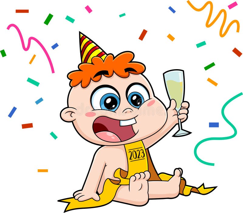 Cute New Year Baby Cartoon Character with Glass of Champagne and Ribbon
