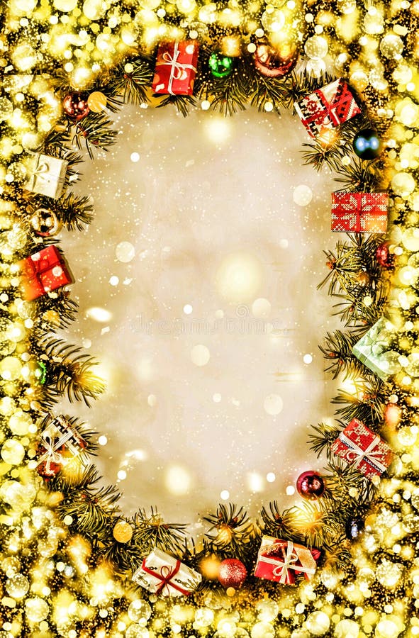 New Year. Background, frame of Christmas tree branches and Christmas decorations. Golden snow. Free space for text.