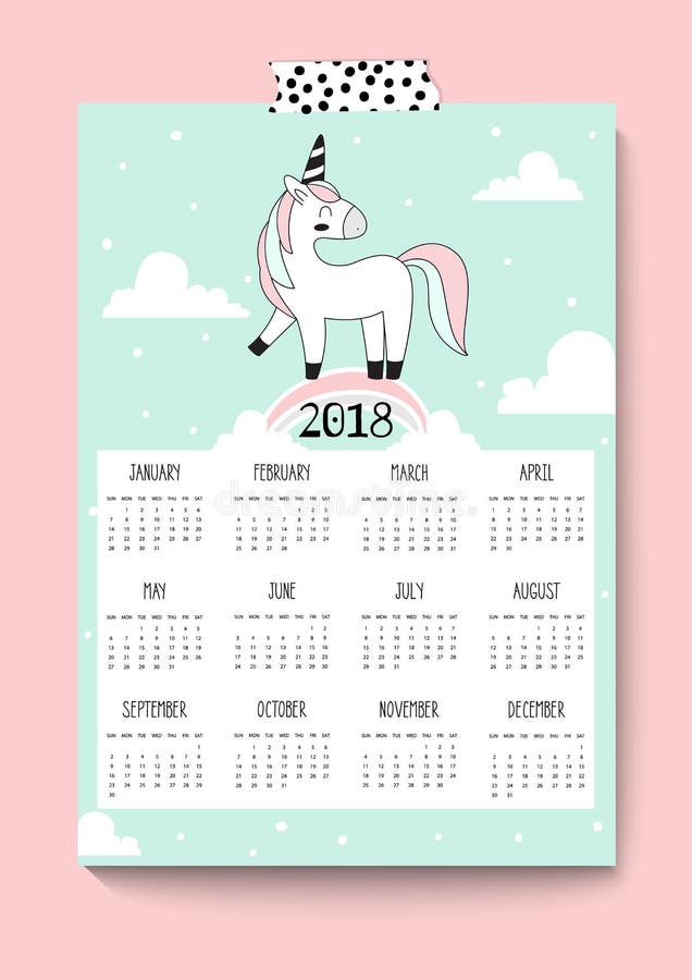 2018 New year calendar. Cute unicorn. Vector. A4 vector illustration
