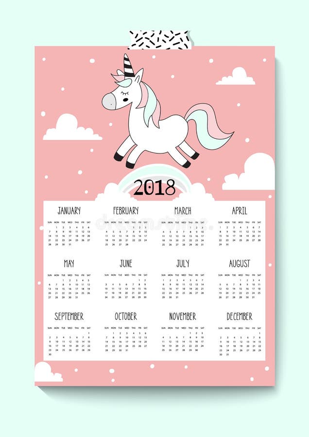 2018 New year calendar. Cute unicorn. Vector. A4 royalty free illustration