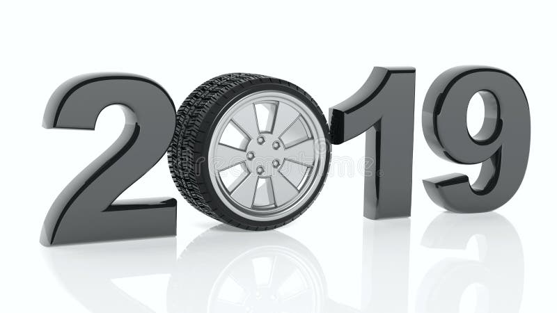 New year 2019 with car`s wheel on white background. 3d illustration