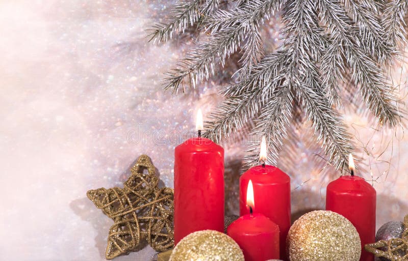 New Year card. Christmas red candles. New Year`s design stock photos New Year card. Christmas red candles. New Year`s design stock photos