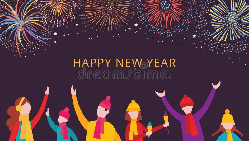 Download New Year Card With People Cheering At Fireworks Flat Vector Illustration Stock Vector Illustration Of Event Group 180315181