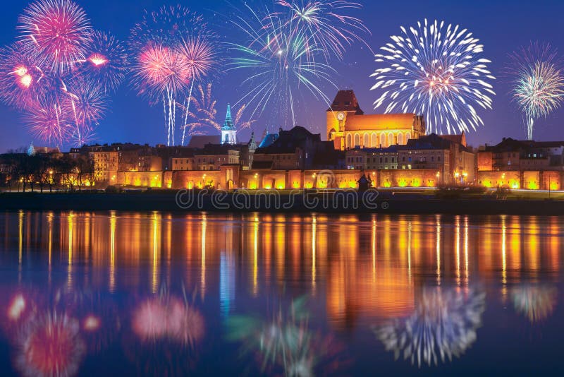 New year celebrate fireworks over Old Town of Torun. Poland, Europe