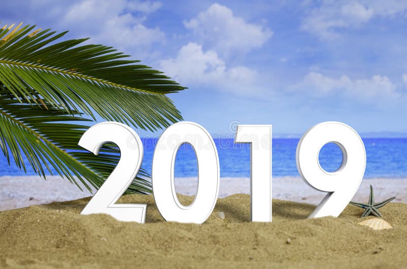 New year 2019 celebration on the beach, summer vacations. 3d illustration stock photos New year 2019 celebration on the beach, summer vacations. 3d illustration stock photos