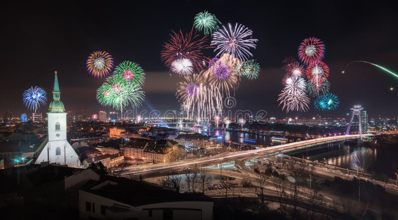 New Year Celebration. Fireworks on Danube River