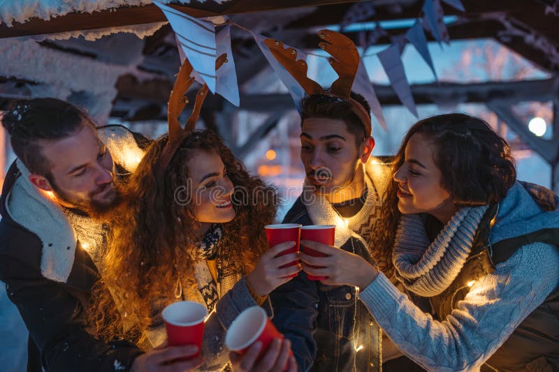 New Year celebration with friends in mountain cabin. stock image