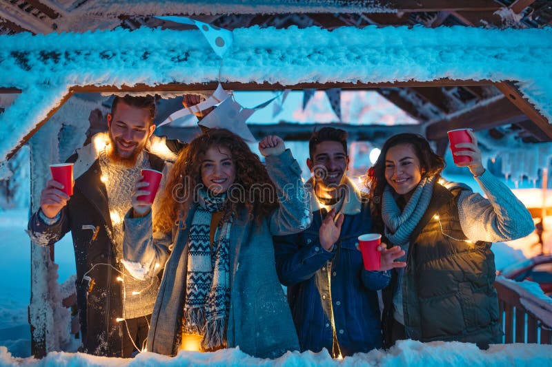New Year celebration with friends in mountain cabin. royalty free stock photos