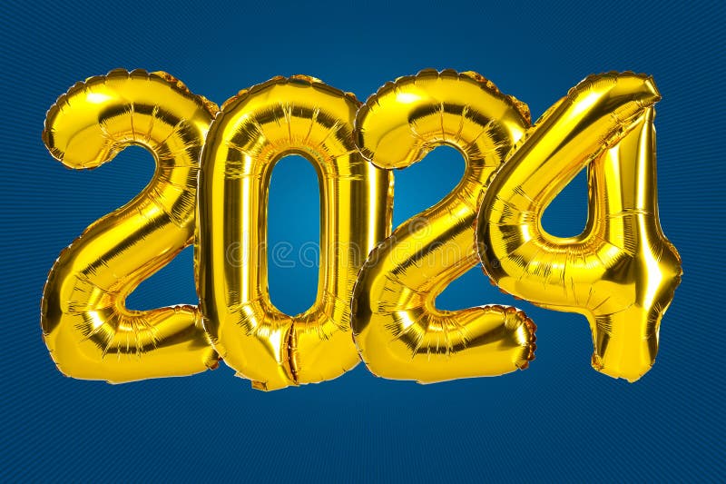 New Year 2024 Celebration. Golden Yellow Foil Color Balloons. 2024