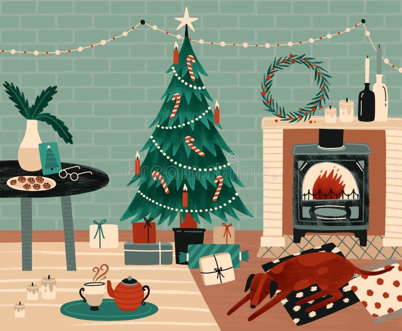 New Year celebration preparation vector illustration. Christmas festive atmosphere. Home coziness, Xmas celebration