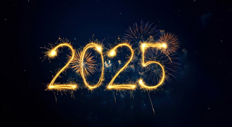 2025 New Year Celebration with Sparkling Fireworks Display Against Night Sky royalty free illustration