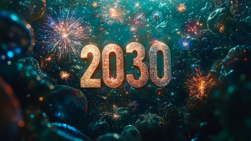 2030 New Year Celebration with Sparkling Fireworks and Twinkling Stars on Emerald Green vector illustration