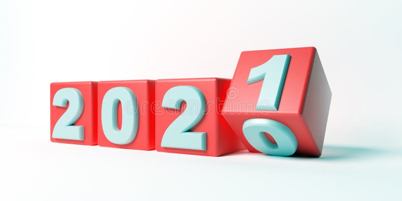 2021 New year change, red cubes isolated against white background. 3d illustration