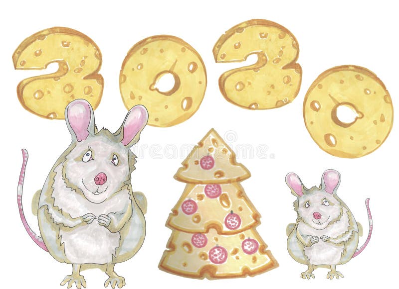 New year 2020 cheese numbers, cheese christmas tree and two rats stock illustration New year 2020 cheese numbers, cheese christmas tree and two rats stock illustration