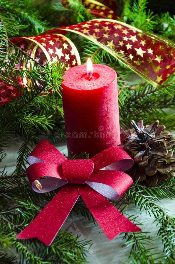 New Year and Christmas background with candles decorated Christmas tree royalty free stock photo