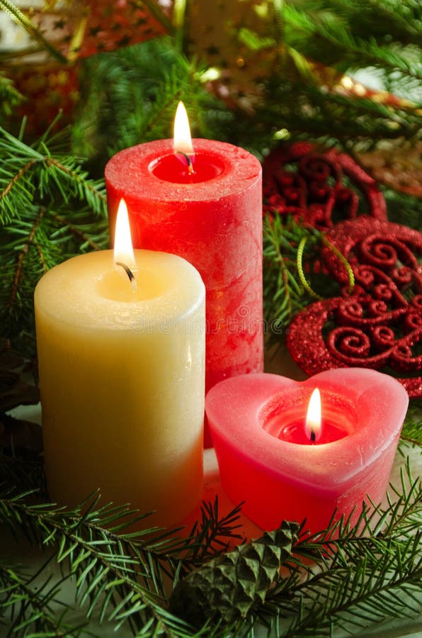 New Year and Christmas background with candles decorated Christmas tree royalty free stock photos