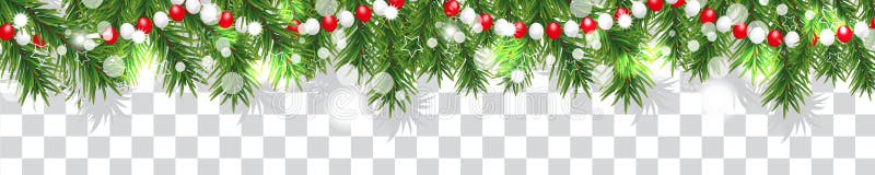 New Year and Christmas border garland of Christmas tree branches and beads on transparent background. Holidays decoration. Vector