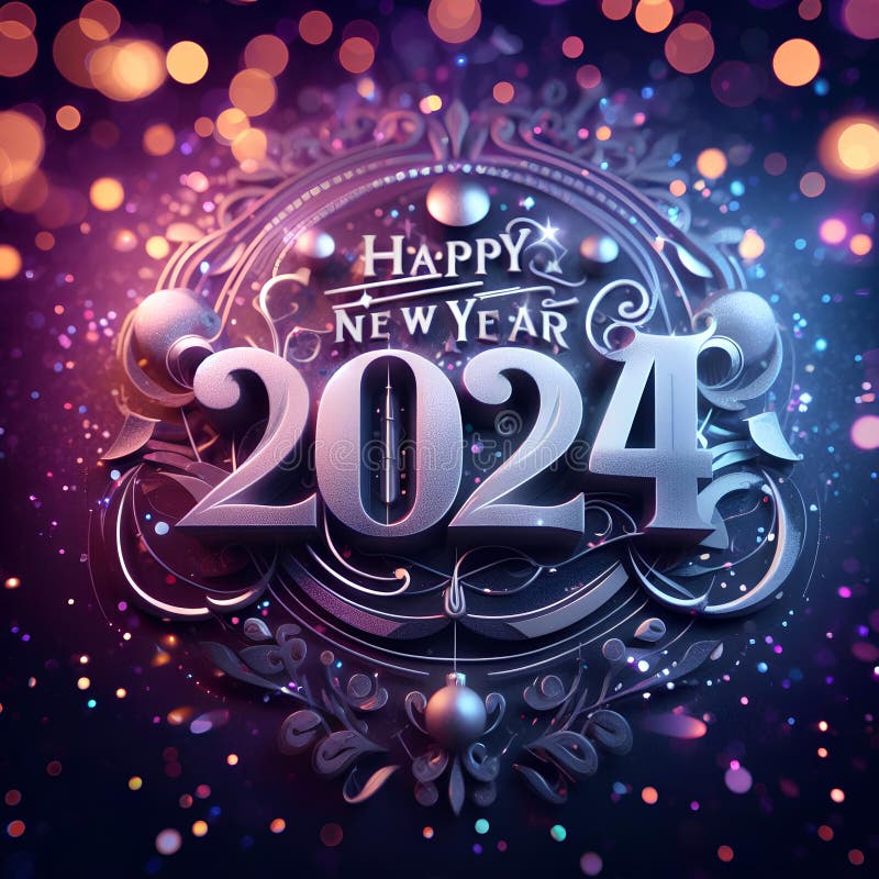 2024 New Year and Christmas Card with Silver Numbers 2024 on Bokeh