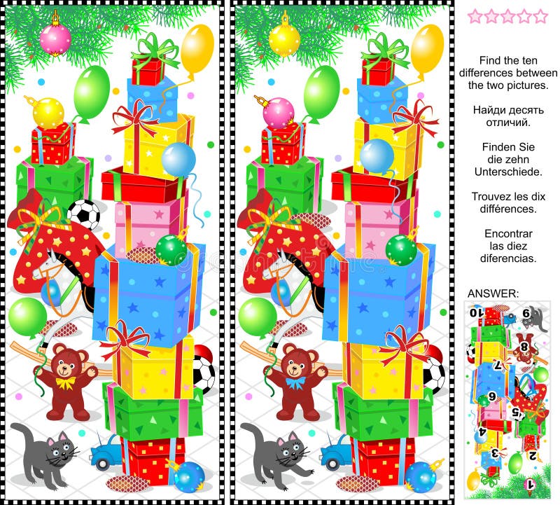 New Year or Christmas Find the Differences Picture Puzzle Stock Vector