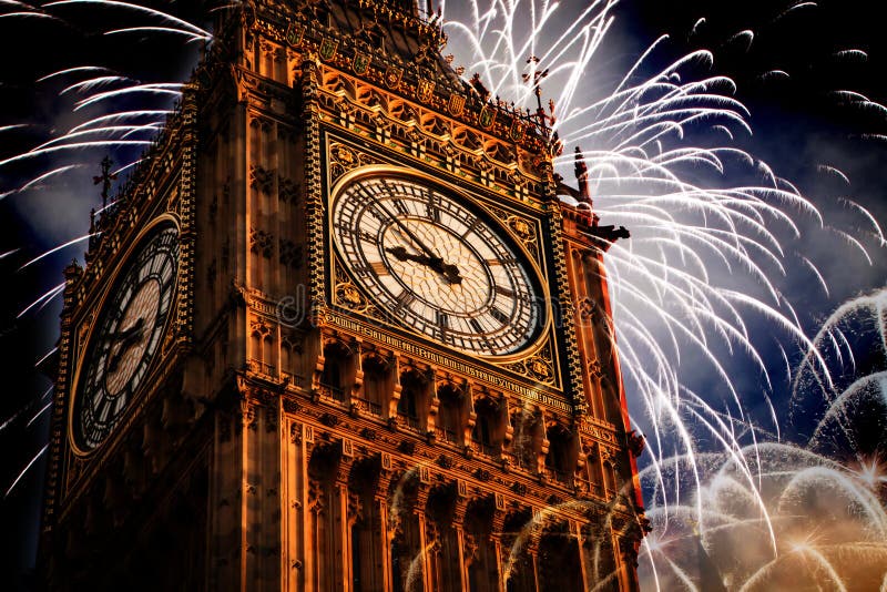 New Year in the City Big Ben with Fireworks Stock Photo Image of