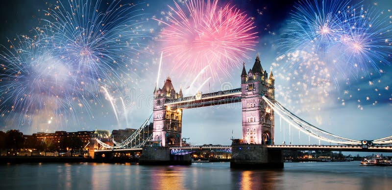 fireworks over the River Thames in London - celebrating New Year in the city