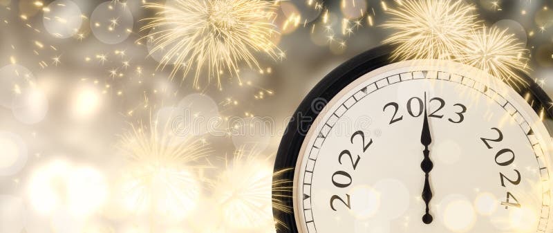 New Year 2023 Clock and Fireworks Background. Stock Photo - Image of  minute, background: 242957922