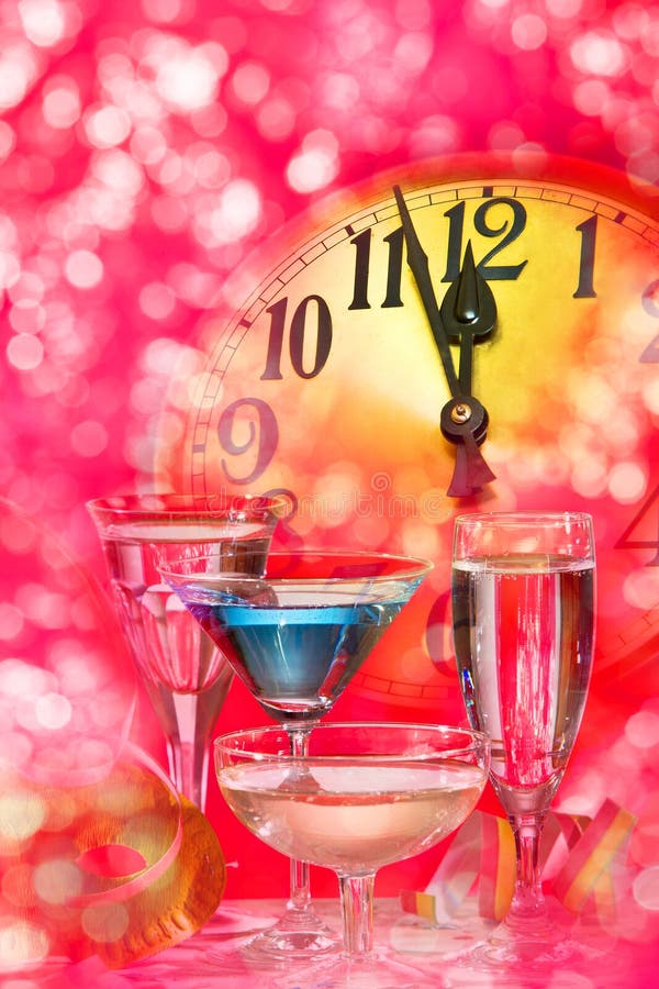 New Year Clock and Wine Glasses Stock Photo Image of beverage, expressive 82836200