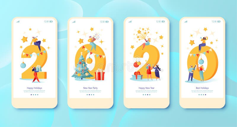 New Year 2020 concept for Mobile app page, onboard screen set. stock illustration New Year 2020 concept for Mobile app page, onboard screen set. stock illustration
