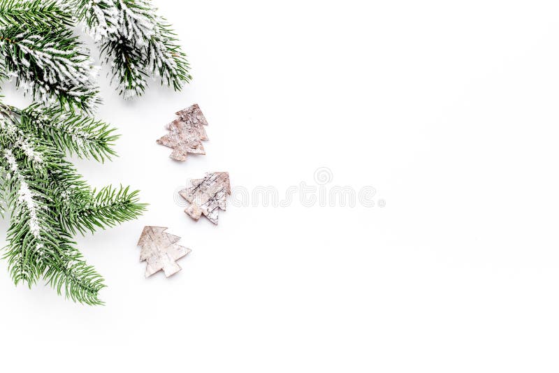 New Year decorations with toys and christmas tree branche on white background top veiw mock up