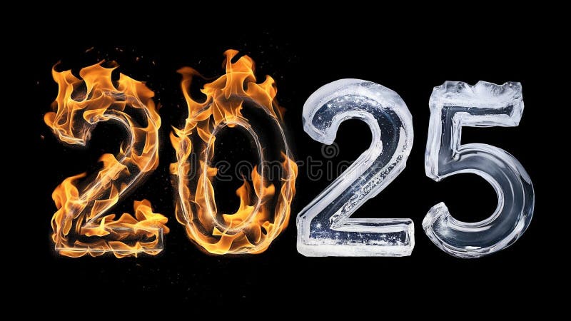2025 New Year Design with Burning and Frozen Numbers on Dramatic Dark Background royalty free illustration