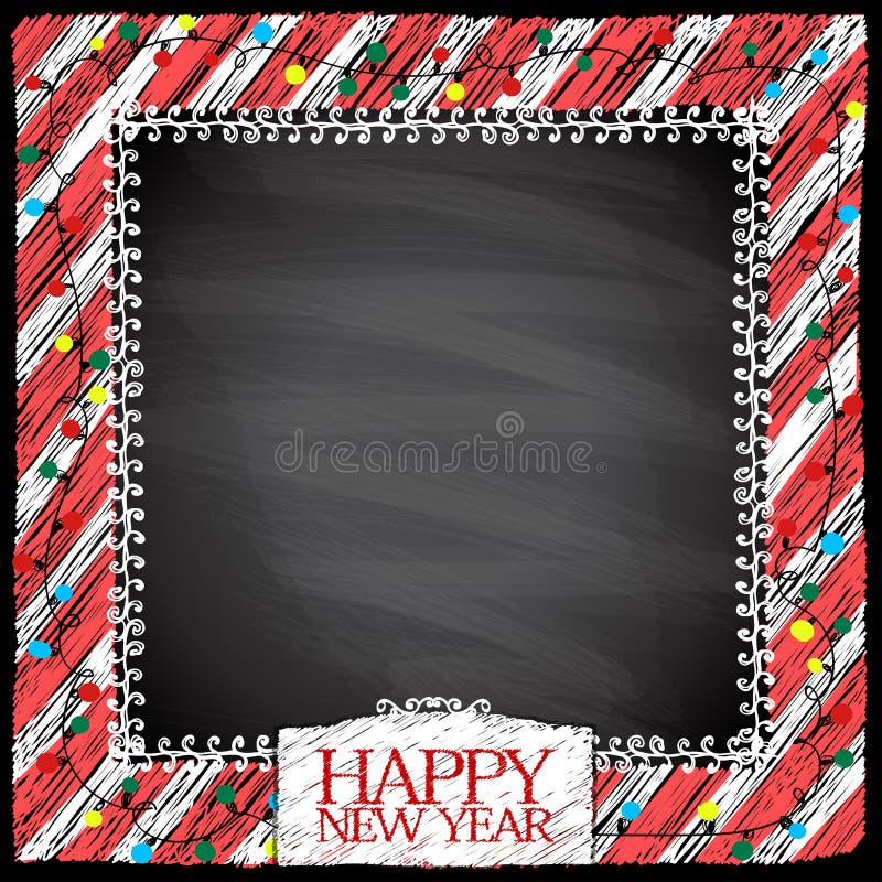 New year doodle frame on a chalkboard background, hand drawn illustration stock illustration