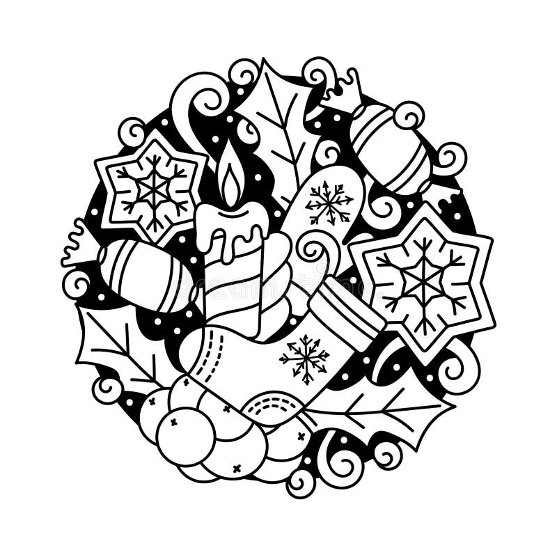 New year doodles with festive objects. For the design, pages of a coloring book. Hand-drawn round sketch. Isolated on white royalty free illustration