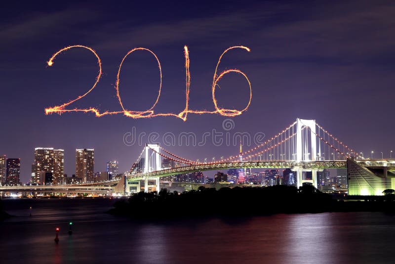 2016 New Year Fireworks celebrating over Tokyo Rainbow Bridge at Night, Odaiba, Japan