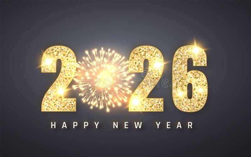 New Year 2026 Fireworks Celebration With Sparkling Golden Numbers And Dark Background. Festive Holiday Greeting Card Design. stock illustration
