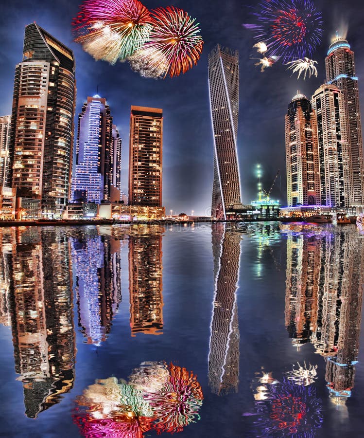 New Year fireworks display in Dubai Marina, Dubai, UAE stock images