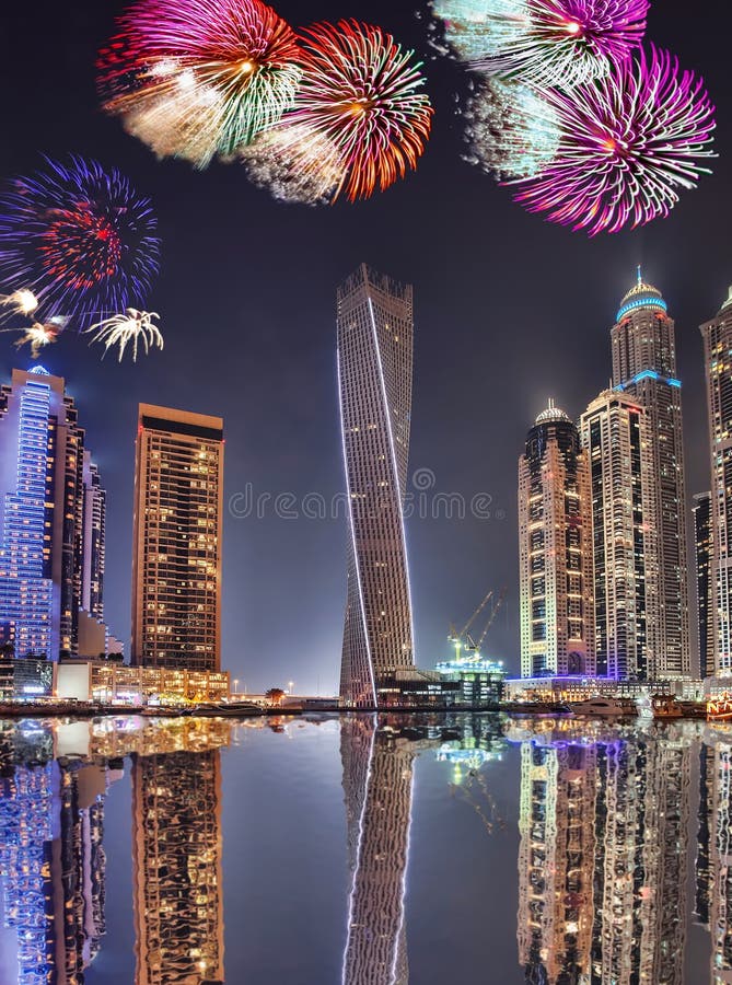 New Year fireworks display in Dubai Marina, Dubai, UAE stock photos