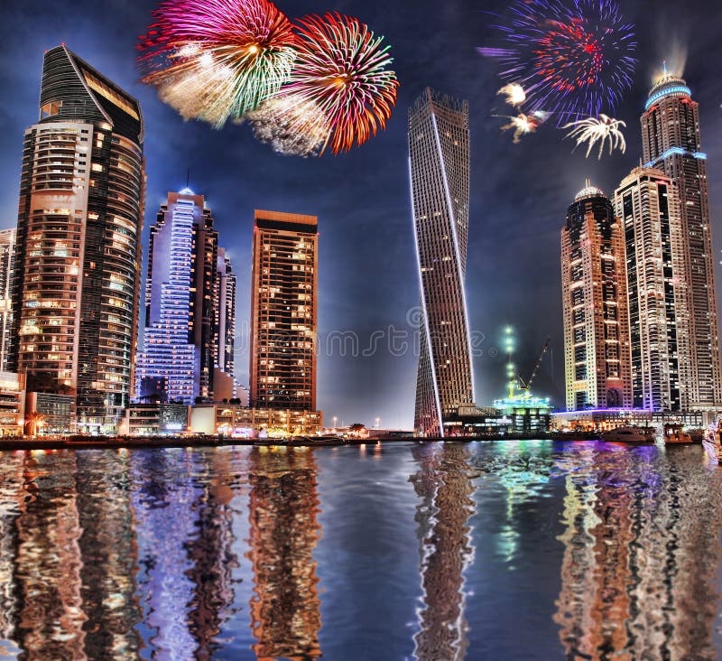 New Year fireworks display in Dubai Marina, Dubai, UAE stock images