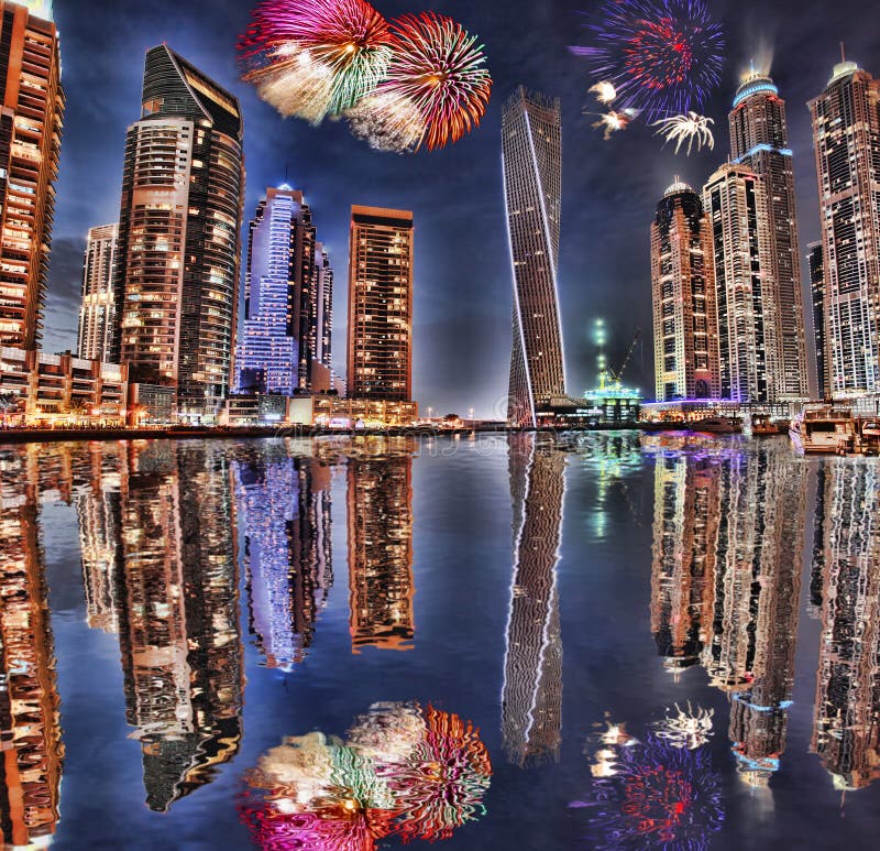 New Year fireworks display in Dubai Marina, Dubai, UAE stock images