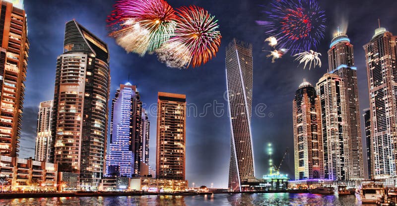 New Year fireworks display in Dubai Marina, Dubai, UAE royalty free stock photos