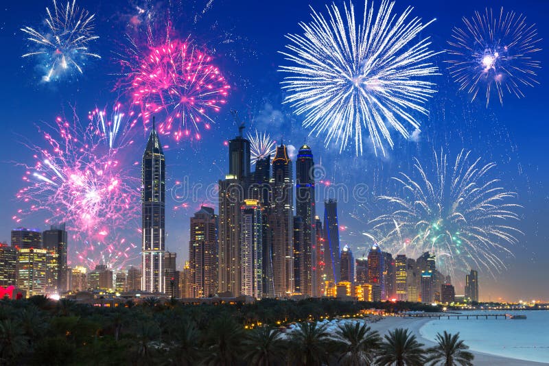 New Year fireworks display in Dubai, UAE stock photo New Year fireworks display in Dubai, UAE stock photo