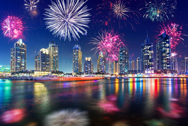New Year Fireworks Display in Dubai Stock Image Image of exterior