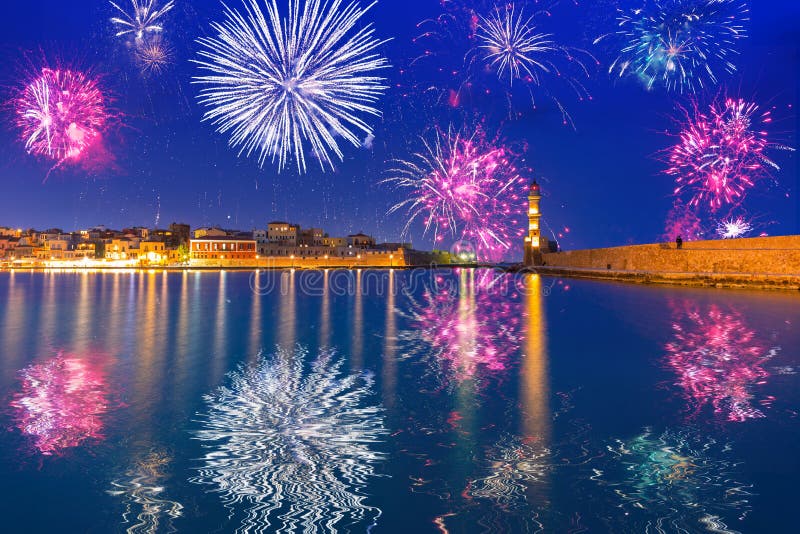New Year fireworks display at the harbor of Chania royalty free stock photo New Year fireworks display at the harbor of Chania royalty free stock photo
