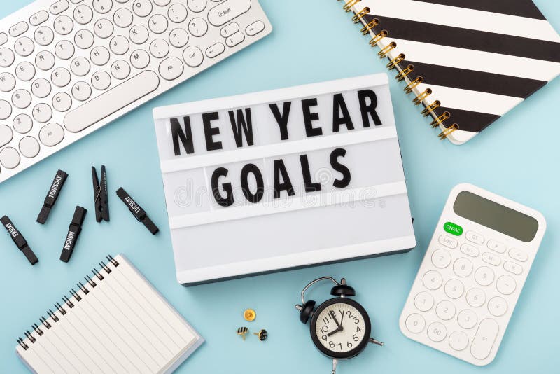 New Year Goals Text on Notebook with Piggy Bank and Calculator Stock ...