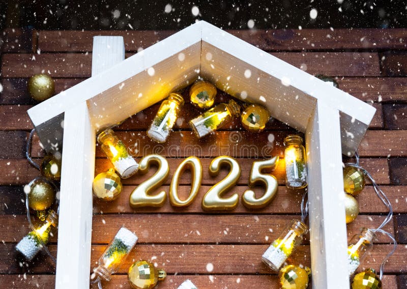 New Year 2025 Golden Letters Under Roof House Calendar Greeting Card New Year 2025 Golden Letters Under Roof House Calendar Greeting Card