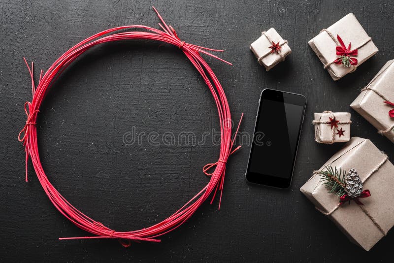 New year greeting card and christmas, on black background with message space for loved ones. Modern handmade gifts royalty free stock photos New year greeting card and christmas, on black background with message space for loved ones. Modern handmade gifts royalty free stock photos