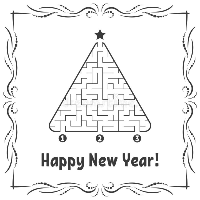 New Year greeting card with a triangular labyrinth. Find the right path to the star. Game for kids. Christmas tree. Maze conundrum royalty free illustration New Year greeting card with a triangular labyrinth. Find the right path to the star. Game for kids. Christmas tree. Maze conundrum royalty free illustration