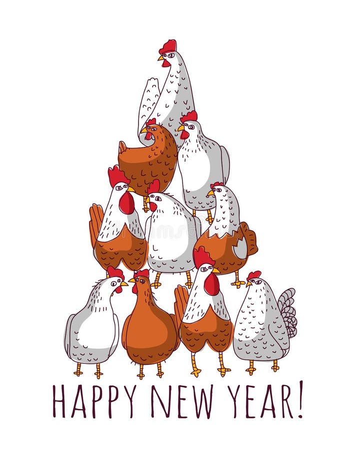 New Year Greeting Chicken Card with Tree. Stock Vector Illustration