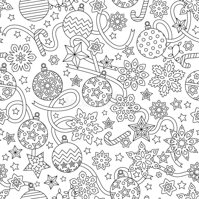 New Year Hand Drawn Outline Festive Seamless Pattern with Snowflakes ...