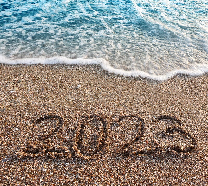 New Year Handwritten Sand Surface Happy Text Sea Beach Inscription Beautiful Golden 258739272 