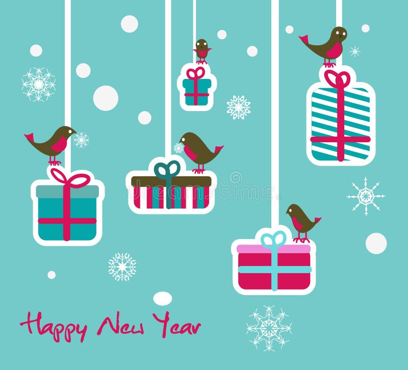 New Year illustration with birds and gifts